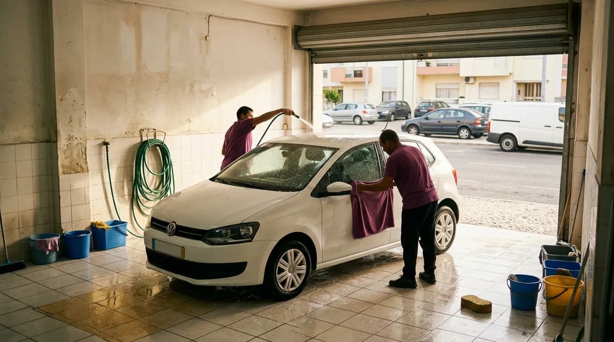 A equipa da Imperium Wash a lavar um carro na loja da Damaia
