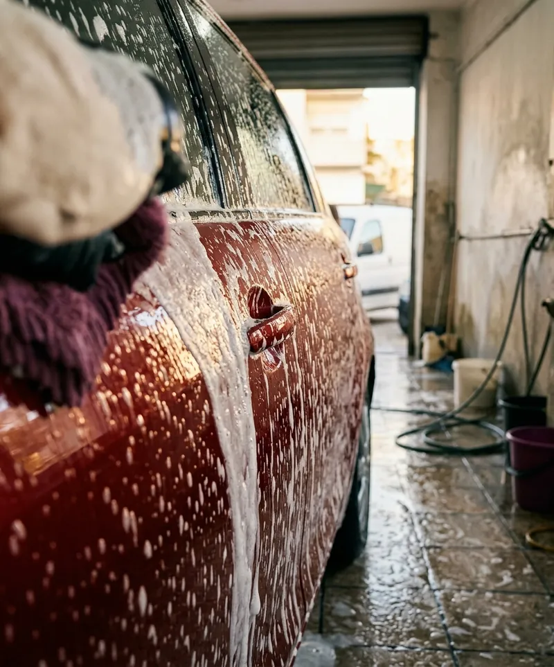 Espuma espessa na porta de um carro