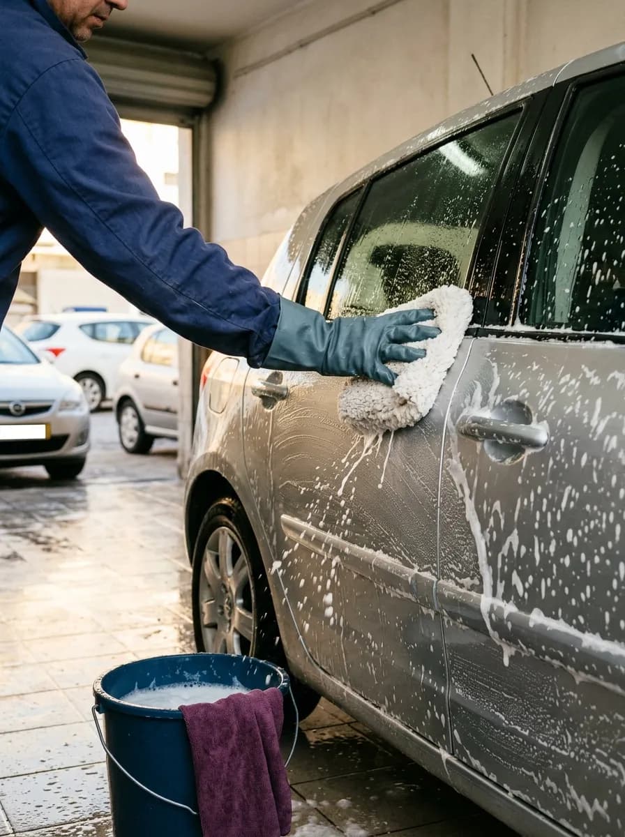 Lavagem à mão de um carro com luva de espuma