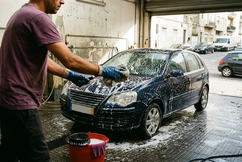 Lavagem à mão da lateral de um carro com espuma