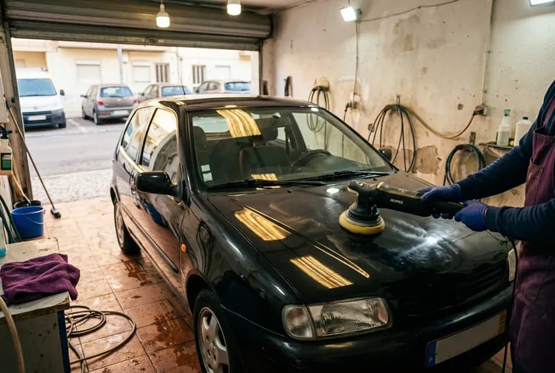 Polimento à máquina da pintura de um carro